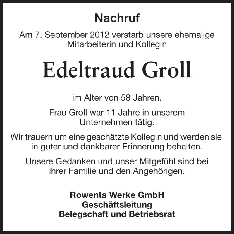  Traueranzeige für Edeltraud Groll vom 29.09.2012 aus Odenwälder Echo