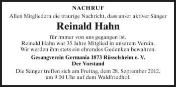 Traueranzeige von Reinald Hahn von Rüsselsheimer Echo, Groß-Gerauer-Echo, Ried Echo