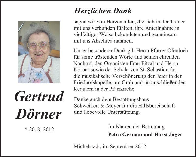  Traueranzeige für Gertrud Dörner vom 29.09.2012 aus Odenwälder Echo