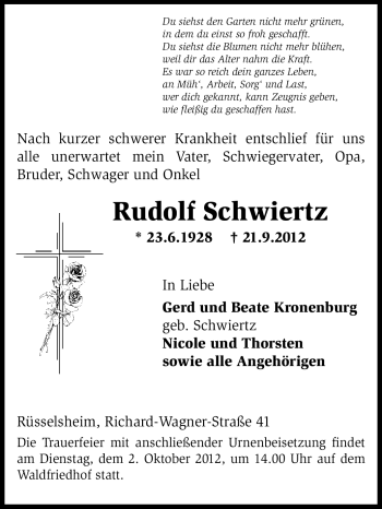 Traueranzeige von Rudolf Schwirtz von Rüsselsheimer Echo, Groß-Gerauer-Echo, Ried Echo