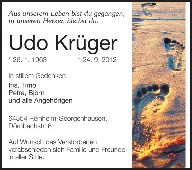  Traueranzeige für Udo Krüger vom 29.09.2012 aus Echo-Zeitungen (Gesamtausgabe)