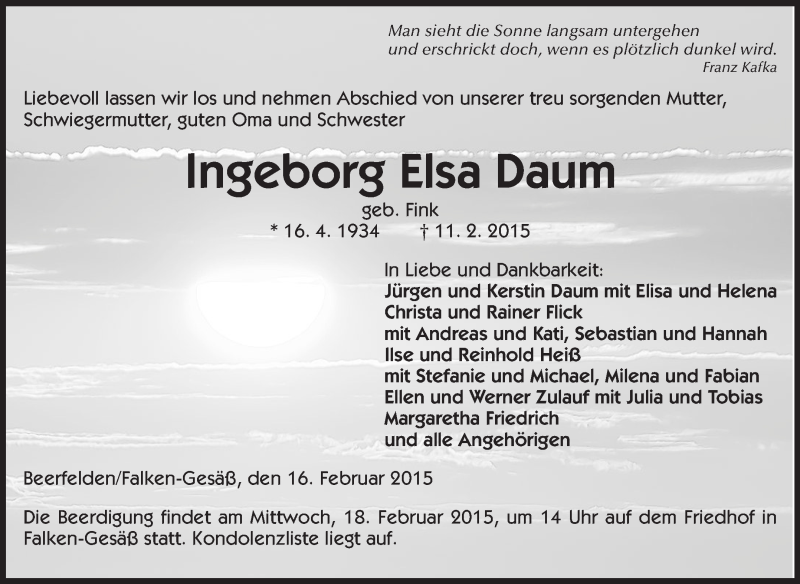  Traueranzeige für Ingeborg Elsa Daum vom 16.02.2015 aus Odenwälder Echo