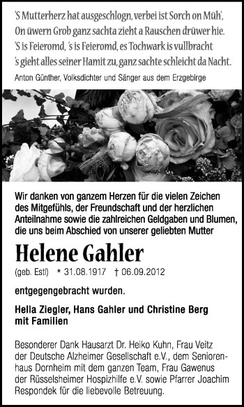 Traueranzeige von Helene Gahler von Rüsselsheimer Echo, Groß-Gerauer-Echo, Ried Echo