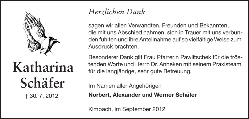  Traueranzeige für Katharina Schäfer vom 29.09.2012 aus Odenwälder Echo