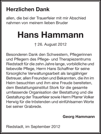 Traueranzeige von Hans Hammann von Rüsselsheimer Echo, Groß-Gerauer-Echo, Ried Echo