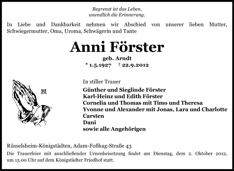  Traueranzeige für Anni Förster vom 29.09.2012 aus Rüsselsheimer Echo, Groß-Gerauer-Echo, Ried Echo