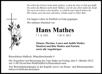 Traueranzeige von Hans Mathes von Rüsselsheimer Echo, Groß-Gerauer-Echo, Ried Echo