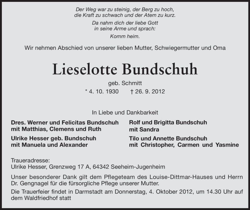  Traueranzeige für Lieselotte Bundschuh vom 29.09.2012 aus Echo-Zeitungen (Gesamtausgabe)
