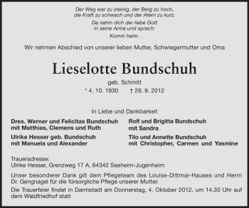 Traueranzeige von Lieselotte Bundschuh von Echo-Zeitungen (Gesamtausgabe)