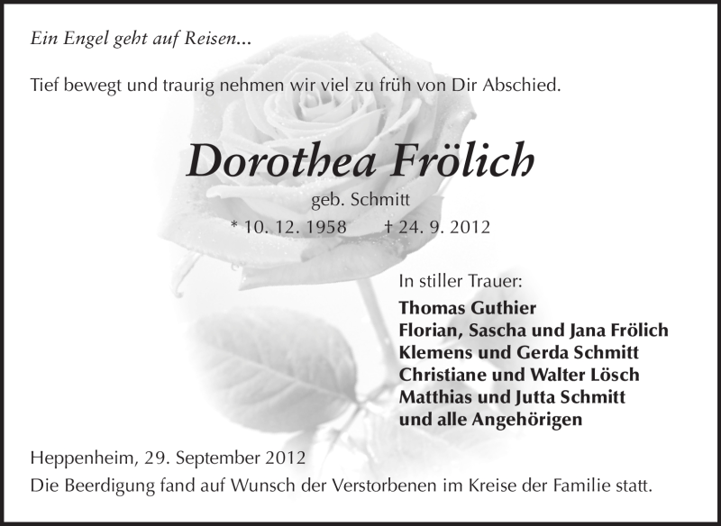  Traueranzeige für Dorothea Frölich vom 29.09.2012 aus Starkenburger Echo