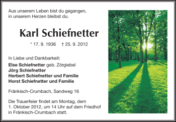 Traueranzeige von Karl Schiefnetter von Odenwälder Echo
