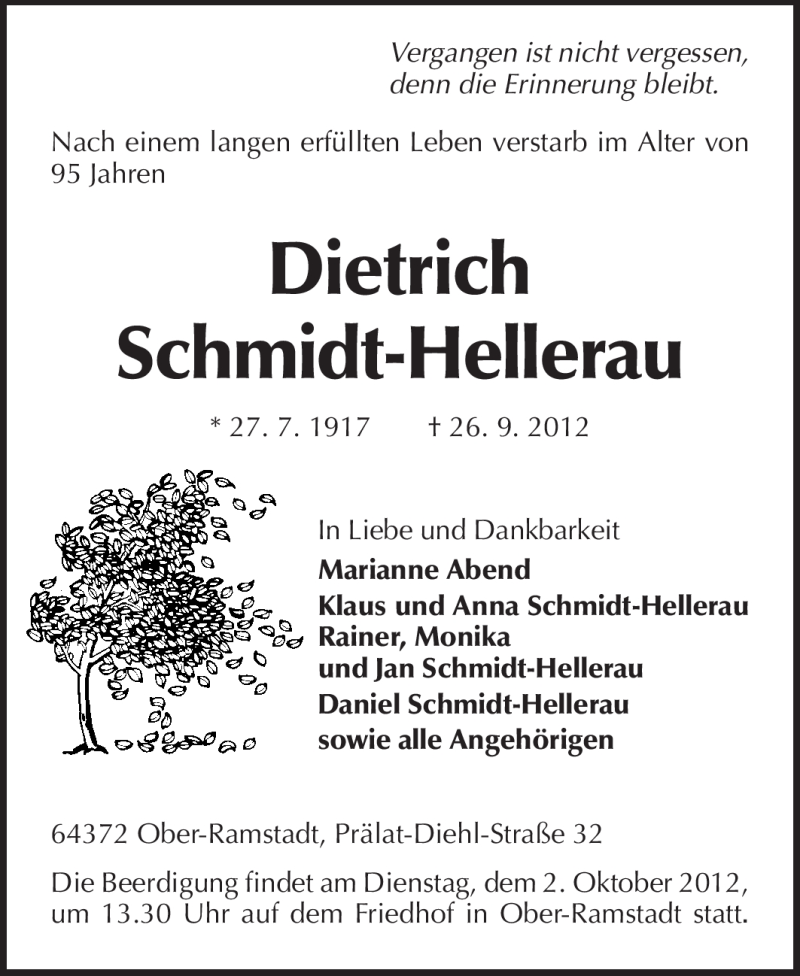  Traueranzeige für Dietrich Schmidt-Hellerau vom 29.09.2012 aus Echo-Zeitungen (Gesamtausgabe)