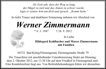 Traueranzeige von Werner Zimmermann von Odenwälder Echo