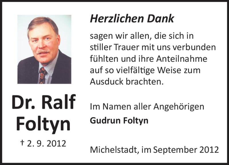  Traueranzeige für Ralf Foltyn vom 29.09.2012 aus Odenwälder Echo