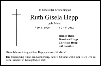 Traueranzeige von Ruth Gisela Hepp von Rüsselsheimer Echo, Groß-Gerauer-Echo, Ried Echo