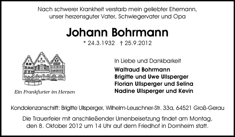  Traueranzeige für Johann Bohrmann vom 29.09.2012 aus Rüsselsheimer Echo, Groß-Gerauer-Echo, Ried Echo