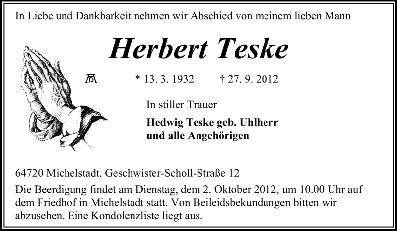  Traueranzeige für Herbert Teske vom 29.09.2012 aus Odenwälder Echo