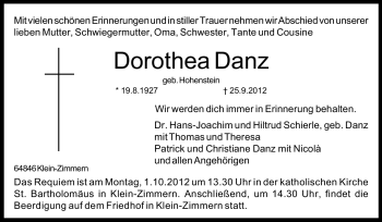 Traueranzeige von Dorothea Danz von Echo-Zeitungen (Gesamtausgabe)
