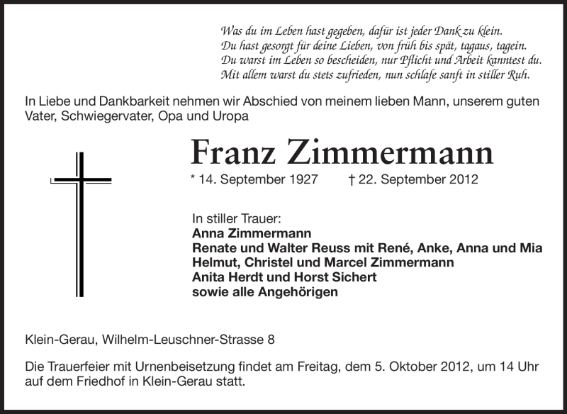  Traueranzeige für Franz Zimmermann vom 01.10.2012 aus Rüsselsheimer Echo, Groß-Gerauer-Echo, Ried Echo