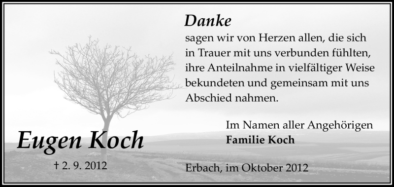  Traueranzeige für Eugen Koch vom 06.10.2012 aus Odenwälder Echo