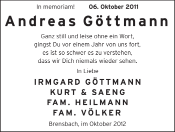 Traueranzeige von Andreas Göttmann von Echo-Zeitungen (Gesamtausgabe)