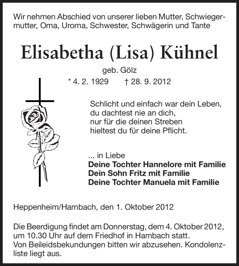 Traueranzeige für Elisabetha Kühnel vom 01.10.2012 aus Starkenburger Echo