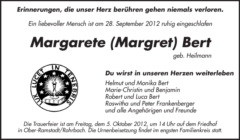  Traueranzeige für Margarete Bert vom 02.10.2012 aus Echo-Zeitungen (Gesamtausgabe)