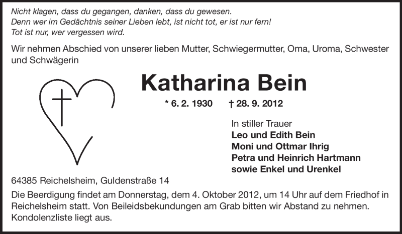  Traueranzeige für Katharina Bein vom 02.10.2012 aus Odenwälder Echo