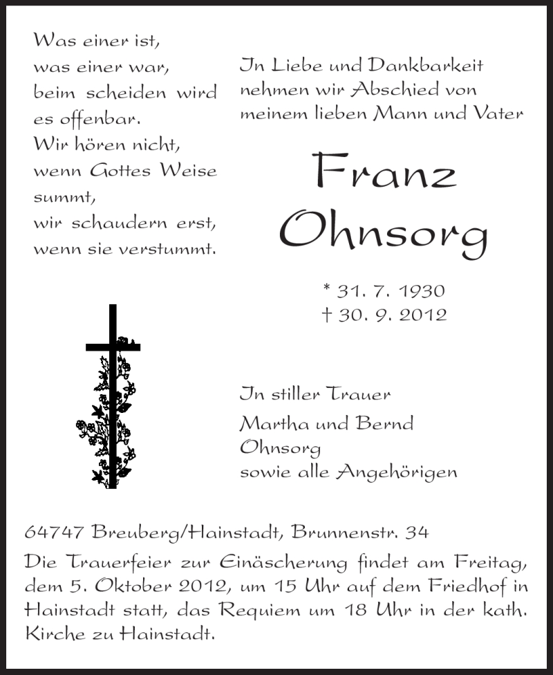  Traueranzeige für Franz Ohnsorg vom 02.10.2012 aus Odenwälder Echo