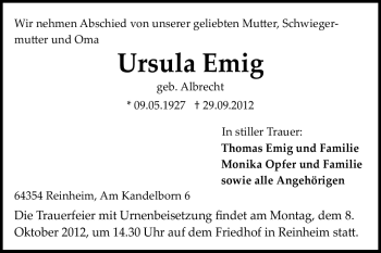 Traueranzeige von Ursula Emig von Echo-Zeitungen (Gesamtausgabe)