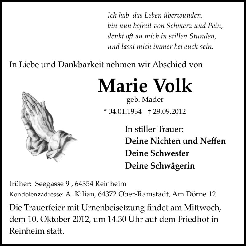  Traueranzeige für Marie Volk vom 05.10.2012 aus Echo-Zeitungen (Gesamtausgabe)