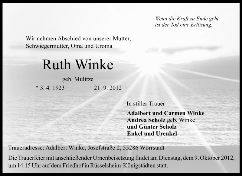  Traueranzeige für Ruth Winke vom 06.10.2012 aus Rüsselsheimer Echo, Groß-Gerauer-Echo, Ried Echo