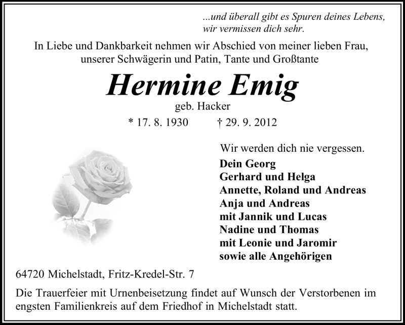  Traueranzeige für Hermine Emig vom 02.10.2012 aus Odenwälder Echo