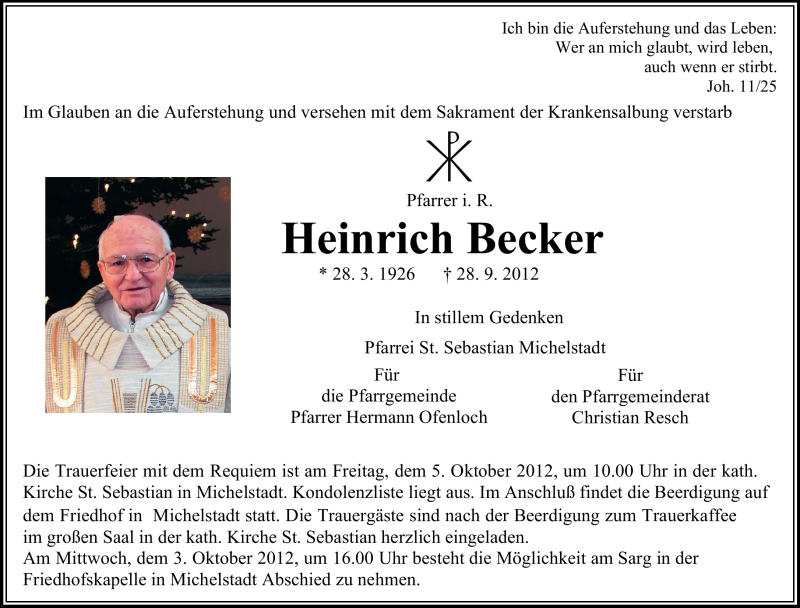  Traueranzeige für Heinrich Becker vom 02.10.2012 aus Odenwälder Echo