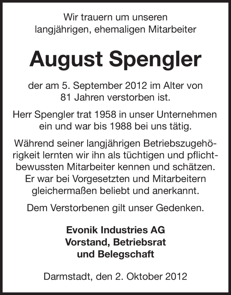  Traueranzeige für August Spengler vom 02.10.2012 aus Echo-Zeitungen (Gesamtausgabe)