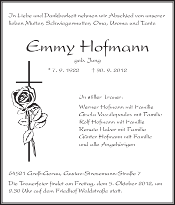 Traueranzeige von Emmy Hofmann von Rüsselsheimer Echo, Groß-Gerauer-Echo, Ried Echo