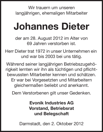 Traueranzeige von Johannes Dieter  von Echo-Zeitungen (Gesamtausgabe)