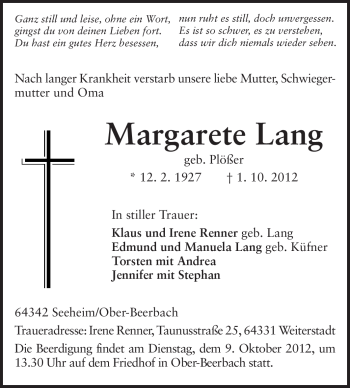 Traueranzeige von Margarete Lang von Echo-Zeitungen (Gesamtausgabe)