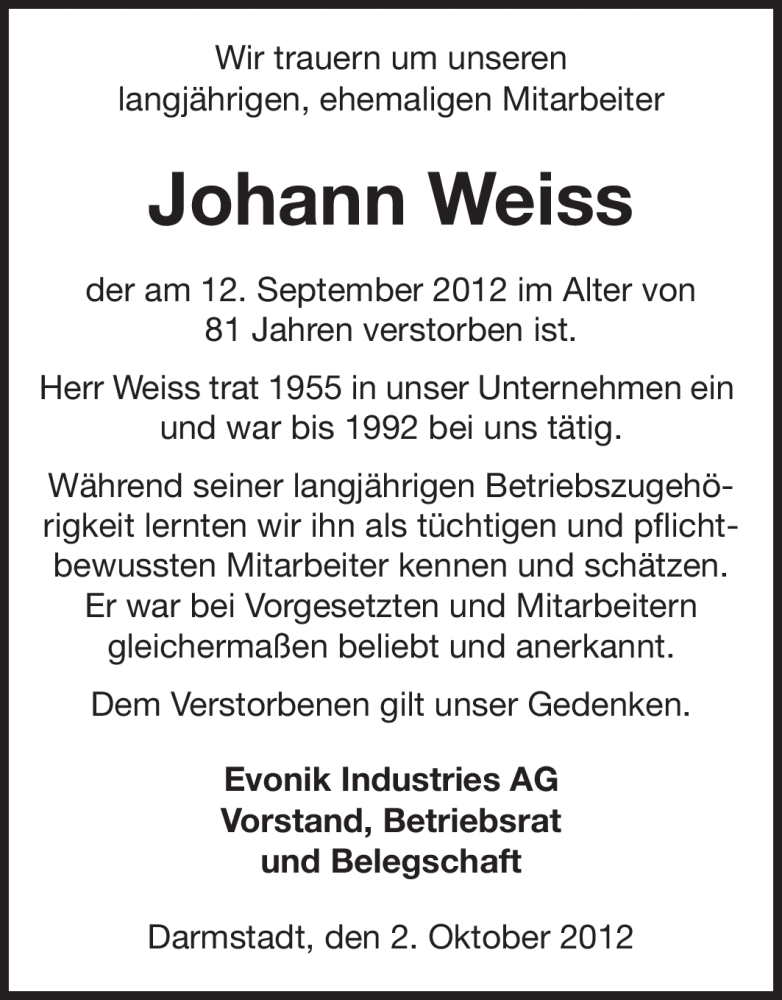  Traueranzeige für Johann Weiss vom 02.10.2012 aus Echo-Zeitungen (Gesamtausgabe)