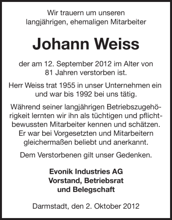 Traueranzeige von Johann Weiss von Echo-Zeitungen (Gesamtausgabe)