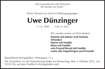 Traueranzeige von Uwe Dünzinger von Rüsselsheimer Echo, Groß-Gerauer-Echo, Ried Echo