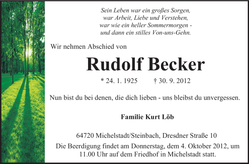  Traueranzeige für Rudolf Becker vom 02.10.2012 aus Odenwälder Echo