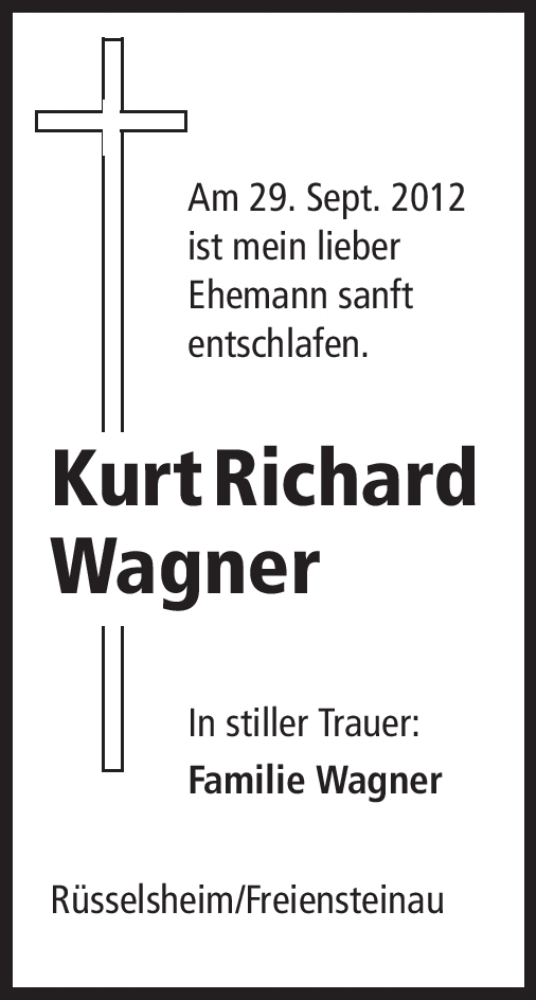  Traueranzeige für Kurt Richard Wagner vom 02.10.2012 aus Rüsselsheimer Echo, Groß-Gerauer-Echo, Ried Echo