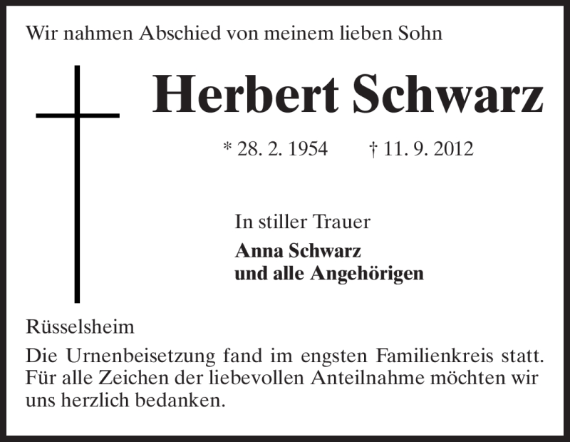  Traueranzeige für Herbert Schwarz vom 04.10.2012 aus Rüsselsheimer Echo, Groß-Gerauer-Echo, Ried Echo