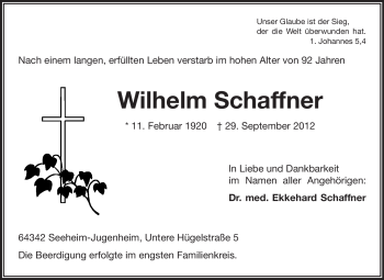 Traueranzeige von Wilhelm Schaffner von Echo-Zeitungen (Gesamtausgabe)