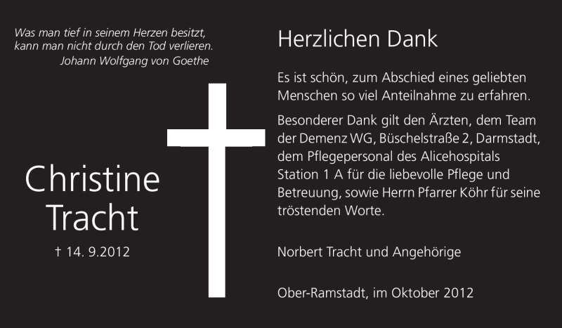  Traueranzeige für Christine Tracht vom 06.10.2012 aus Echo-Zeitungen (Gesamtausgabe)