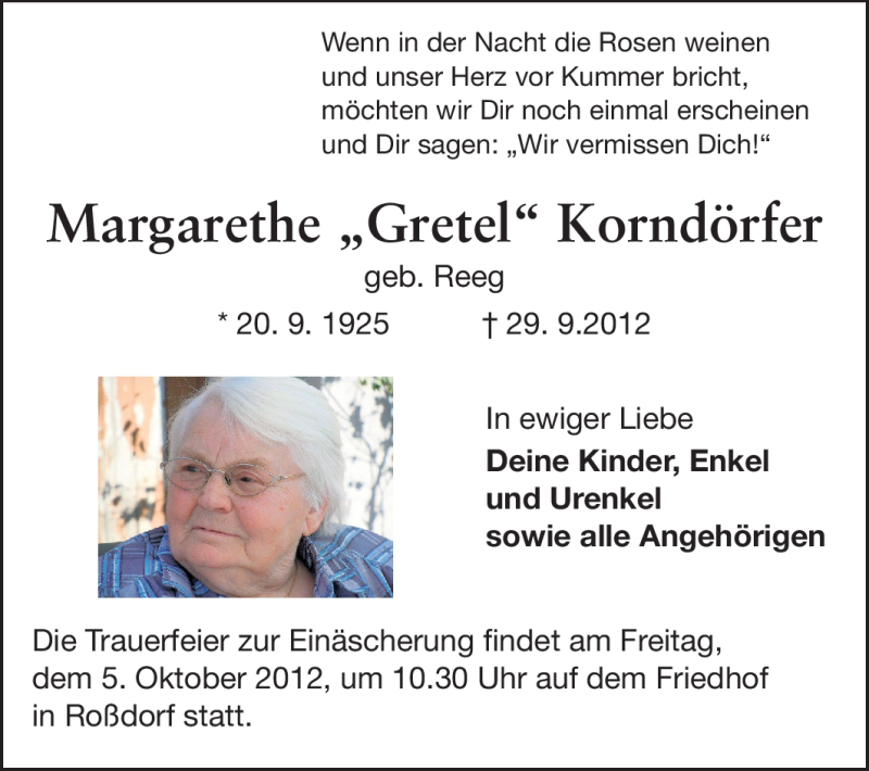  Traueranzeige für Margarethe Korndörfer vom 04.10.2012 aus Darmstädter Echo, Odenwälder Echo, Rüsselsheimer Echo, Groß-Gerauer-Echo, Ried Echo