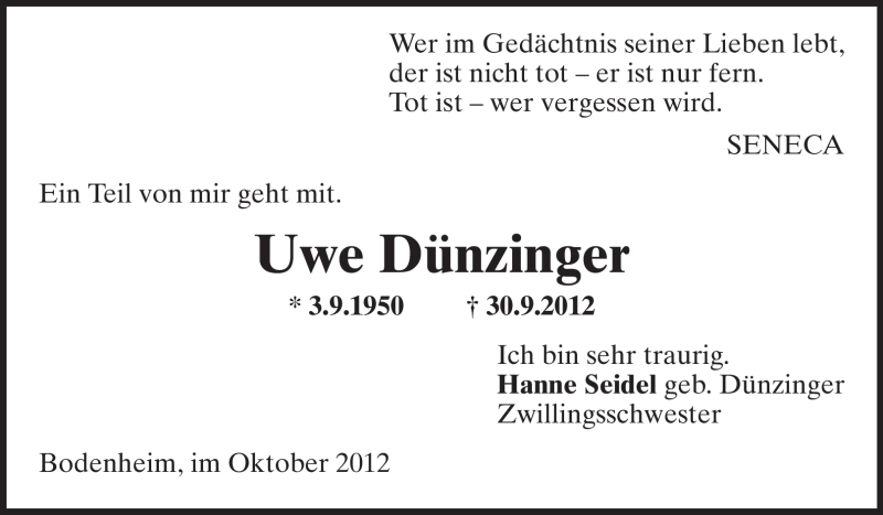  Traueranzeige für Uwe Dünzinger vom 04.10.2012 aus Rüsselsheimer Echo, Groß-Gerauer-Echo, Ried Echo
