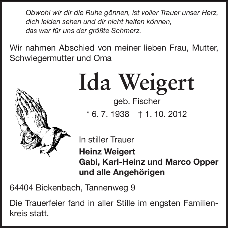  Traueranzeige für Ida Weigert vom 06.10.2012 aus Echo-Zeitungen (Gesamtausgabe)