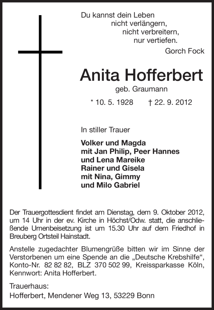  Traueranzeige für Anita Hofferbert vom 05.10.2012 aus Odenwälder Echo
